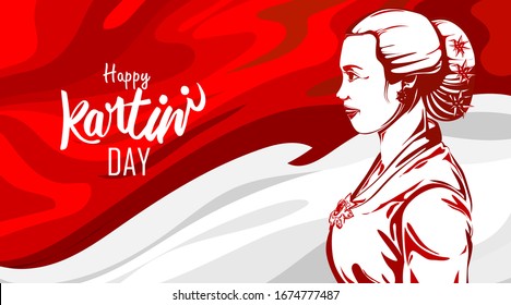 Raden Adjeng Kartini the heroes of women and human right in Indonesia. Pop art with waving flag background. - Vector