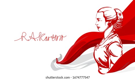 Raden Adjeng Kartini the heroes of women and human right in Indonesia. Pop art with waving flag background. - Vector