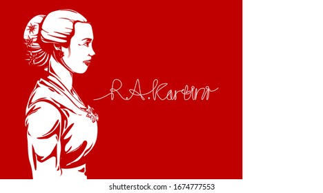 Raden Adjeng Kartini the heroes of women and human right in Indonesia. Pop art with waving flag background. - Vector