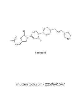 Radezolid flat skeletal molecular structure Oxazolidone antibiotic drug used in treatment. Vector illustration.