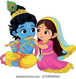 Radha Krishna cartoon vetor ilustração inspirada pela mitologia indiana, adequado para livros infantis, desenhos religiosos, cartazes, adesivos e arte cultural.