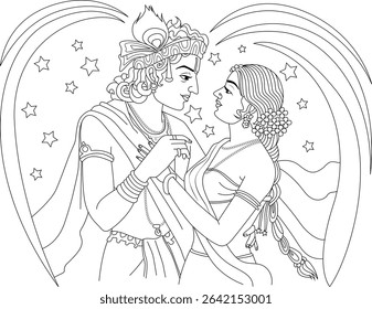 Radha Krishna Line Art, Line art illustration of the Hindu deities Radha and Krishna, symbolizing divine love and devotion. Ideal for religious themes, coloring pages, or design elements.