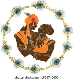 Radha and Krishna logo art, vector illustration of Indian lord, Line art of traditional dress