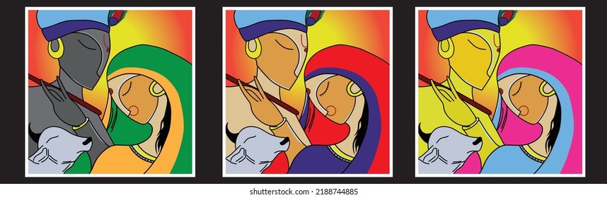 Radha Krishna madhubani painting. Love of Lord Radha Krishna with flute Hindu religious decorative painting.
