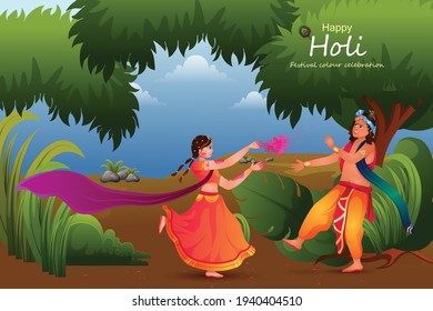 radha y krishna tocando el color holi del festival