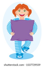 RADHAIR GIRL IN PAJAMAS AND SLIPPERS SMILING  AND HOLDING A VIOLET RILLOW IN HER HANDS