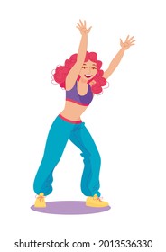 una chica de cabello rojo con ropa deportiva bailando con las manos arriba. Bailarina femenina. Gimnasio, deporte, actividad. Ilustración vectorial, caricatura, aislado, icono, símbolo, elemento de diseño.