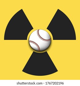 Símbolo de radiación con bola de béisbol. Señal de peligro radioactivo con precaución. El béisbol en cuarentena. Cancelación de torneos deportivos. Ilustración del vector