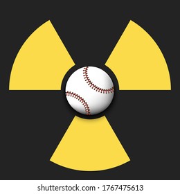 Strahlsymbol mit Baseballball. Vorsicht bei der radioaktiven Gefahr. Baseball unter Quarantäne gestellt. Stornierung von Sportturnieren. Vektorgrafik