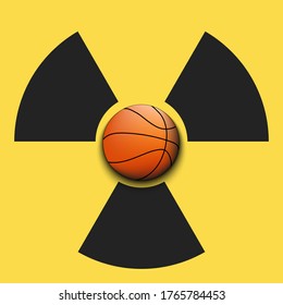 Radiaction symbol with basketball ball. Caution radioactive danger sign.  Soccer quarantined. Cancellation of sports tournaments. Vector illustration