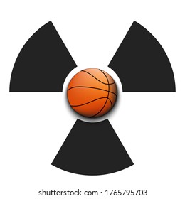 Radiaction symbol with basketball ball. Caution radioactive danger sign.  Soccer quarantined. Cancellation of sports tournaments. Vector illustration