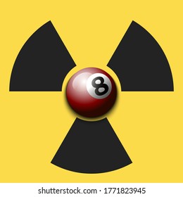 Radiaction symbol with billiard ball. Caution radioactive danger sign. Billiard quarantined. Cancellation of sports tournaments. Vector illustration