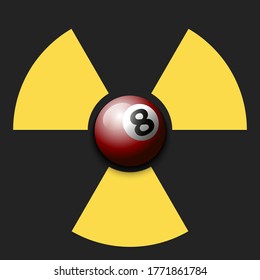 Radiaction symbol with billiard ball. Caution radioactive danger sign. Billiard quarantined. Cancellation of sports tournaments. Vector illustration