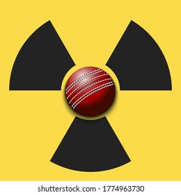 Radiaction symbol with cricket ball. Caution radioactive danger sign. Cricket quarantined. Cancellation of sports tournaments. Vector illustration