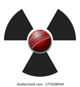 Radiaction symbol with cricket ball. Caution radioactive danger sign. Cricket quarantined. Cancellation of sports tournaments. Vector illustration