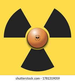 Símbolo de radiación con bola de ping-pong. Señal de peligro radioactivo con precaución. Ping-pong en cuarentena. Cancelación de torneos deportivos. Ilustración del vector