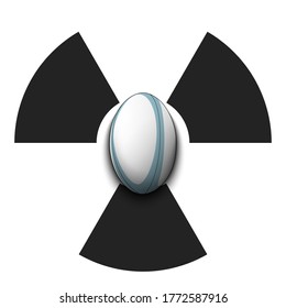 Radiaction symbol with rugby ball. Caution radioactive danger sign. Rugby quarantined. Cancellation of sports tournaments. Vector illustration