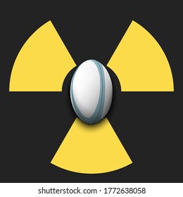 Radiaction symbol with rugby ball. Caution radioactive danger sign. Rugby quarantined. Cancellation of sports tournaments. Vector illustration