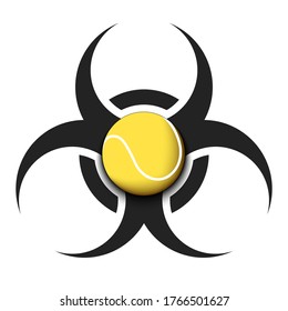 Radiaction symbol with tennis ball. Caution radioactive danger sign.  Tennis quarantined. Cancellation of sports tournaments. Vector illustration