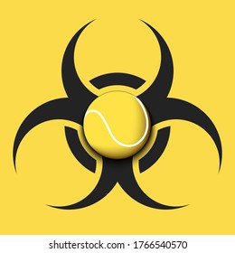 Radiaction symbol with tennis ball. Caution radioactive danger sign.  Tennis quarantined. Cancellation of sports tournaments. Vector illustration