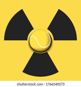 Radiaction symbol with tennis ball. Caution radioactive danger sign. Tennis quarantined. Cancellation of sports tournaments. Vector illustration