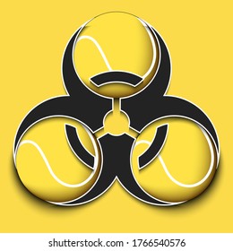 Radiaction symbol with tennis ball. Caution radioactive danger sign.  Tennis quarantined. Cancellation of sports tournaments. Vector illustration