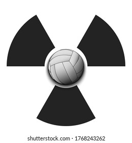 Radiaction symbol with volleyball ball. Caution radioactive danger sign. Volleyball quarantined. Cancellation of sports tournaments. Vector illustration