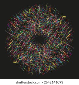 Radial abstract burst. Multicolor spark pattern. Digital explosion form. Vector dark background.