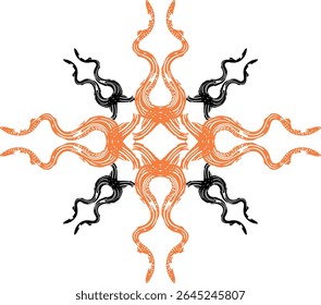 Radial Abstract Design with Orange Flames and Serpentine Black Motifs 