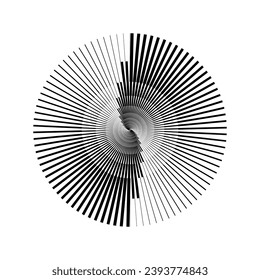 Radial abstract pattern. Black and white ray and beam lines shape. Circle spiral form. Sunburst design element for icon, badge, logo, tattoo, tag, label, emblem. Vector illustration 