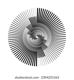 Radial abstract pattern. Black and white ray and beam lines shape. Circle spiral form. Sunburst design element for icon, badge, logo, tattoo, tag, label, emblem, poster. Vector illustration 