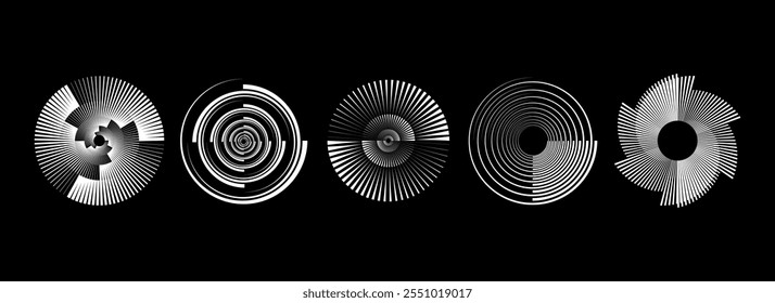 Radial abstrakter Spiralmustersatz. Konzepte für zirkulär rotierende Schallwellen. Formularsammlung für Kreisgeschwindigkeitslinien. Sunburst Strahl und Balken Design-Element für Symbol, Badge, Logo, Tag, Label, Emblem. Vektorgrafik