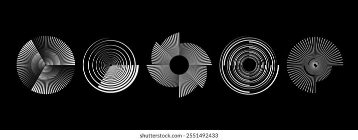 Radial abstrakter Spiralmustersatz. Konzepte von Schallwellen mit rotierenden Kreisen. Formularsammlung für Kreisgeschwindigkeitslinien. Sunburst Strahl und Balken Design-Element für Symbol, Badge, Logo, Tag, Label, Emblem. Vektorgrafik