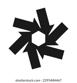 Radial angled arrow shapes, hexagon icon. A circular arrangement of tilted black arrows. Isolated on a white background.