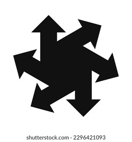 Radial angled arrows silhouette shape icon. A circular arrangement of tilted black arrow symbols. Isolated on a white background.