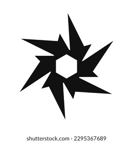 Radial angled bursting arrows hexagon icon. A circular arrangement of tilted black arrow shapes. Isolated on a white background.