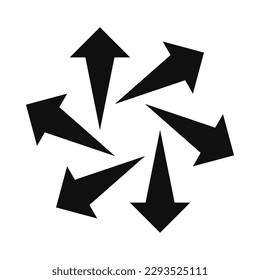 Radial angled bursting arrows silhouette icon. A circular arrangement of tilted black arrow shapes. Isolated on a white background.