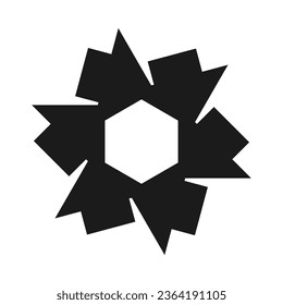 Radial angled short arrows hexagon icon. A circular arrangement of tilted small black arrows. Isolated on a white background.