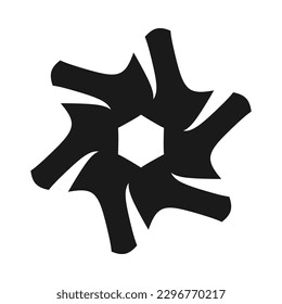 Radial angled squircle arrows hexagon icon. A circular arrangement of tilted black arrow shapes. Isolated on a white background.