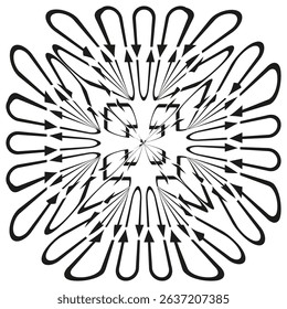 Radial arrow burst. Symmetrical direction shape. Abstract vector icon. Movement flow symbol.