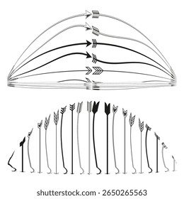 Radial arrow network. Curved connector Vector. Converging flow pattern. Dynamic guidance design.