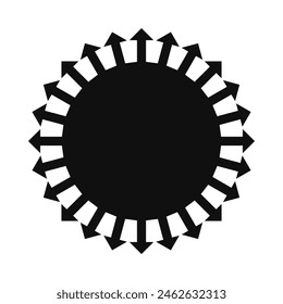 Radial arrows circle shape silhouette icon. A circular arrangement of black arrow symbols. Isolated on a white background.