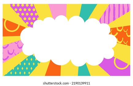 Radial beam stripes title vector abstract background. Comic page layout with cloud and speech bubble. Pop art comic cover template. 90s fun girlish design, nineties frame banner template collection