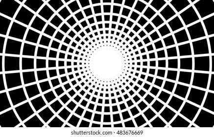 Radial black concentric square particles on white background Tunnel zoom effect Superhero frame Vector isolated object for website, card, poster