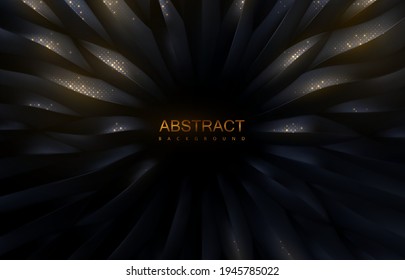 Radial black scale shapes textured with golden sequins. Abstract elegant background. Vector illustration. Organic circular pattern