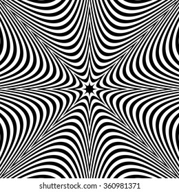 Radial black white lines with deformation. Abstract background.