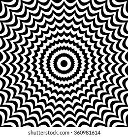 Radial black white lines with deformation. Abstract background.