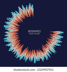 Radial blue, beige and orange concentric particles isolated on dark blue background. Infographic template. Color equalizer. Sound wave. Sun ray or star burst elements. Vector design element.