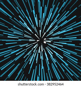 Radial blue concentric particles black background Sun ray star burst element Zoom effect Square fight stamp for card Space light trail Superhero frame Explosion vector illustration 