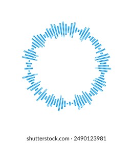 Radial blue sound wave. Circle audio impulse signal. Circular music sound equalizer. Radio and voice volume lines symbol. Vector flat illustration. Sonic spectrum round pattern and frequency frame